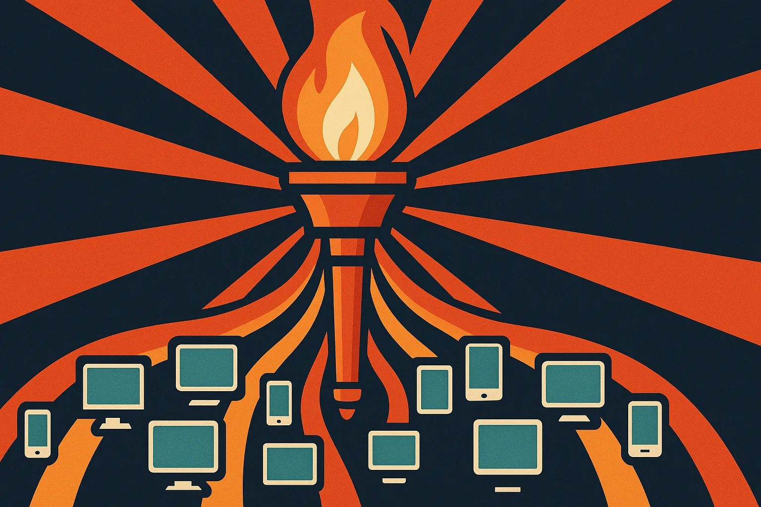 A torch whose flame flows outward as rivers of light into many glowing screens — one source feeding every model
