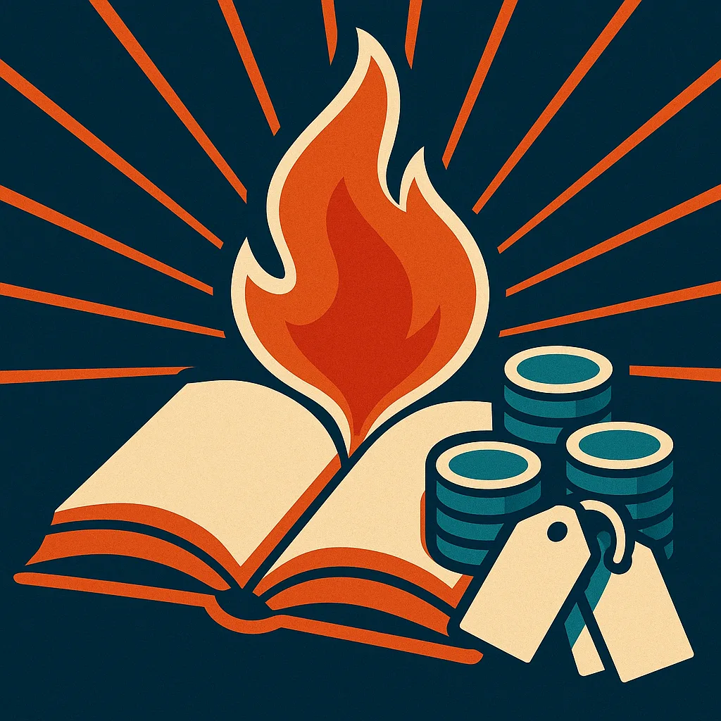 An open ledger with a single flame rising from its pages beside neatly stacked coins and price tags