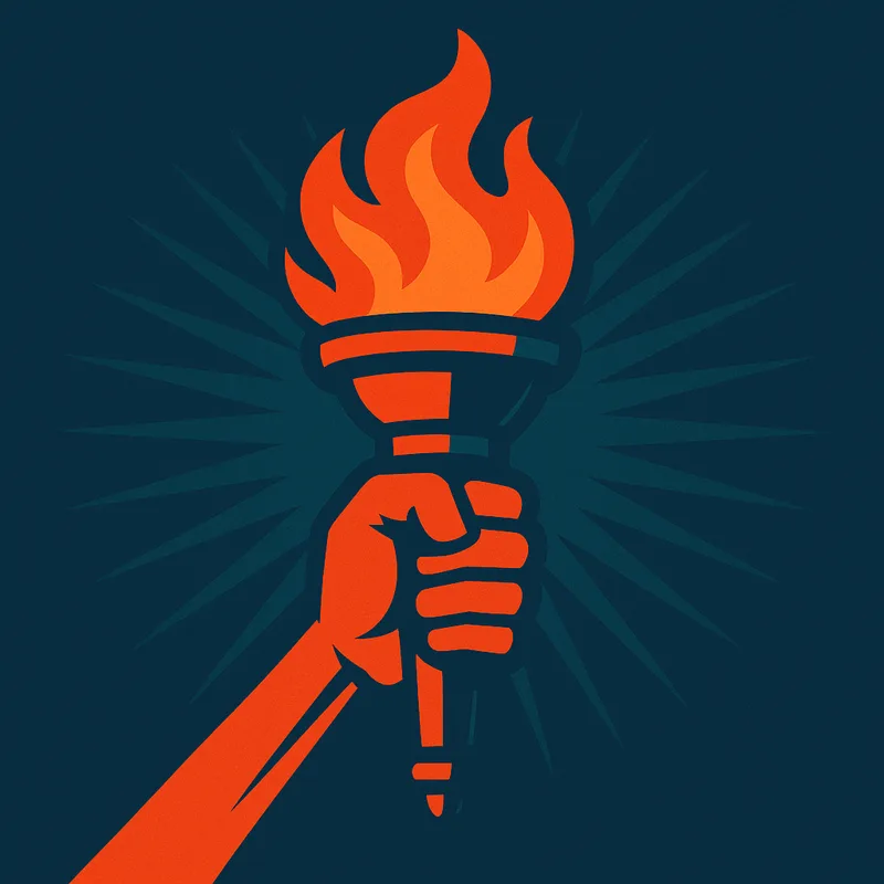 A raised hand holding a burning torch — the Fire brand emblem